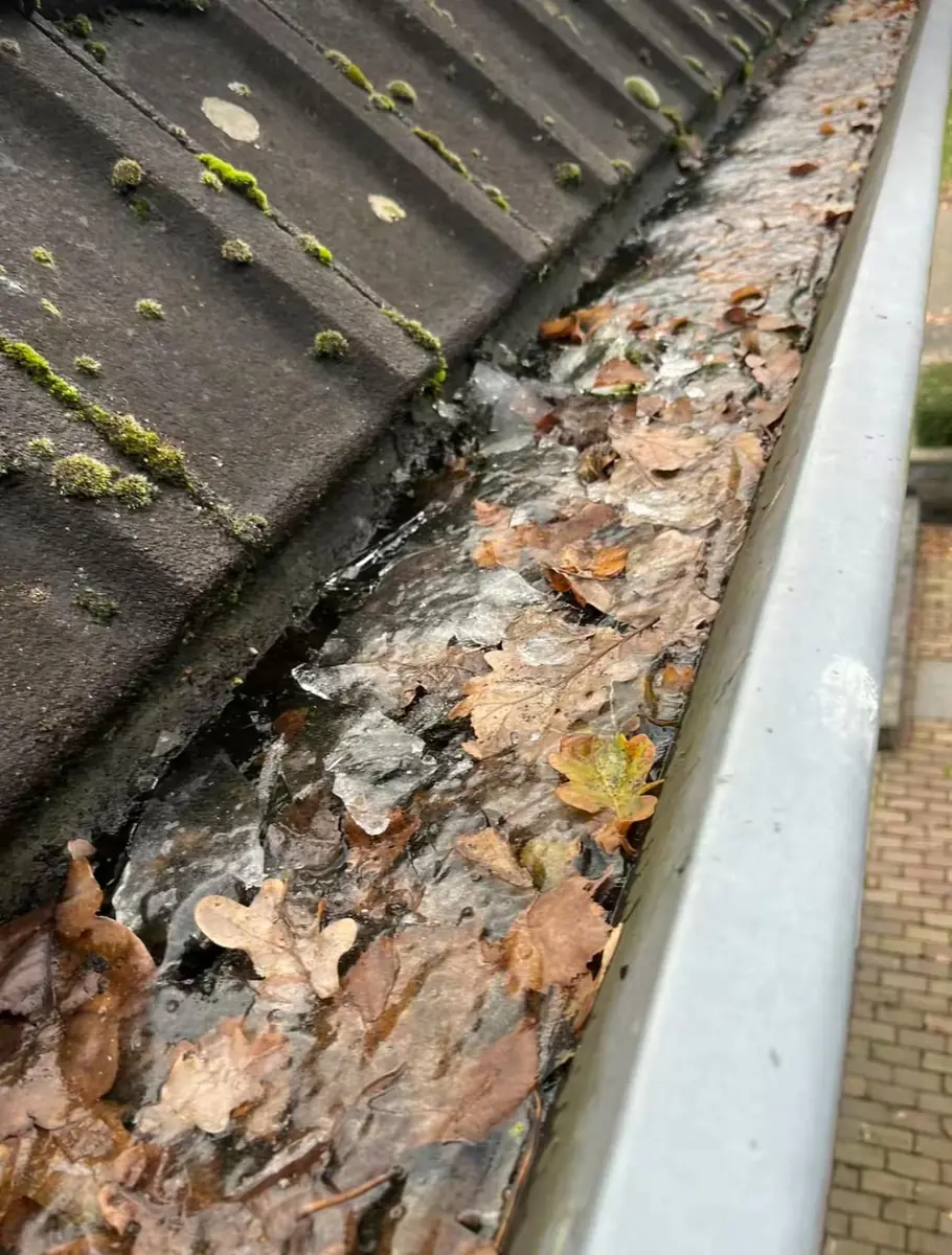 Dakgoot met regenafvoer langs de gevel